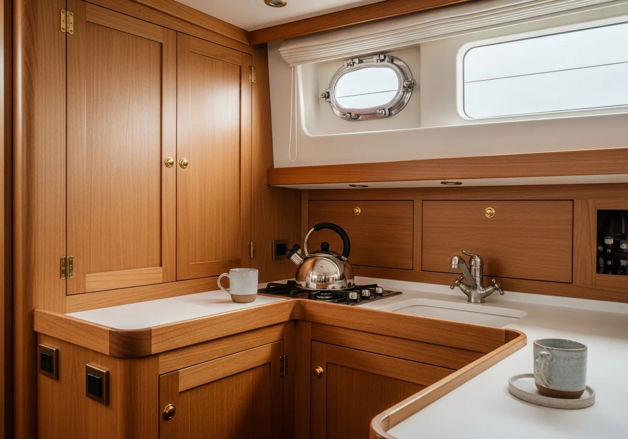 A compact yacht galley interior with polished teak cabinetry and brass handles — every shelf earning its place.