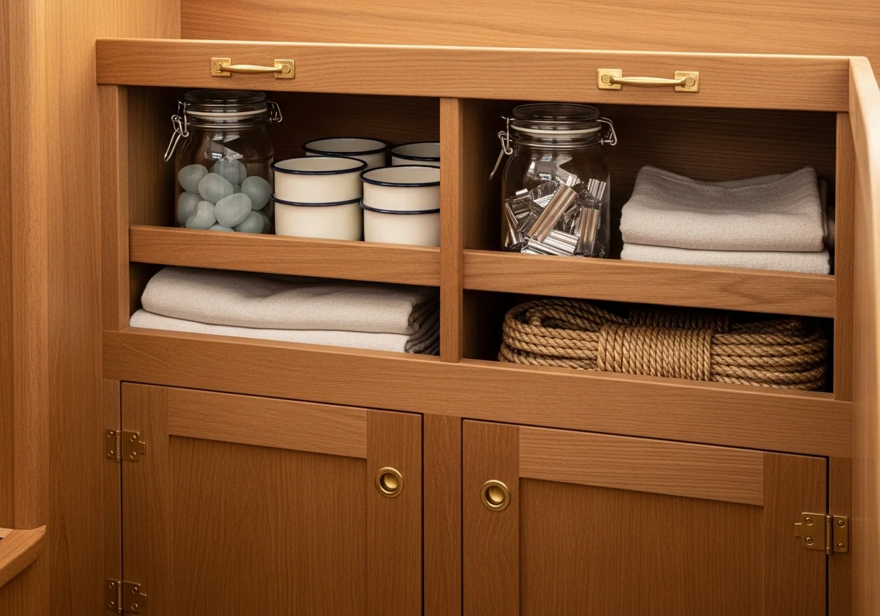 A compact boat galley with polished teak cabinetry and brass latches, neatly stowed cream enamelware, a plain glass jar of staples, folded linens and a coiled rope — life on board made functional, every shelf earning its place.