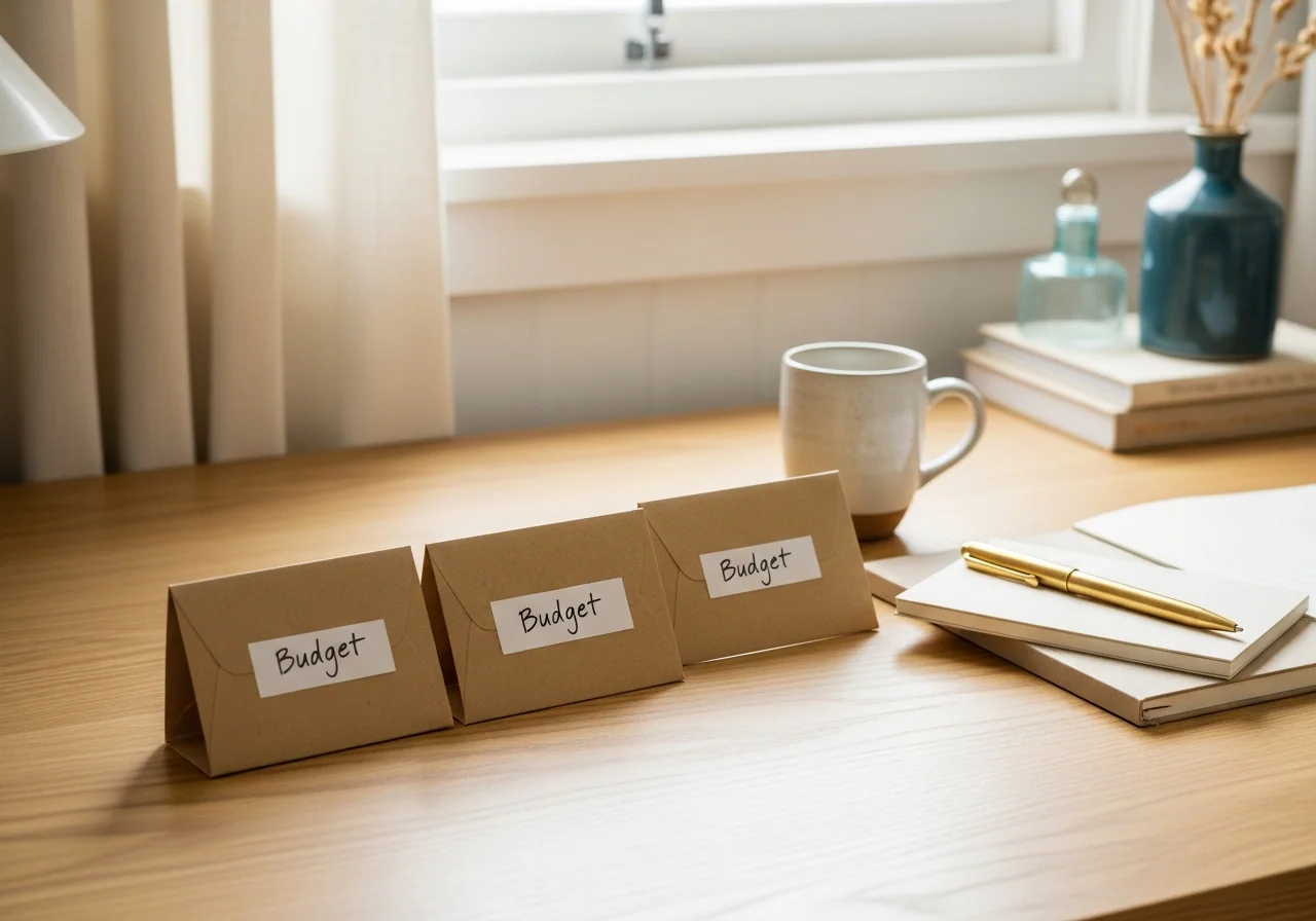 Three small kraft envelopes labelled with handwritten budget categories on a pale oak desk beside a slim brass pen and a folded notebook — household money decisions, made before the pressure builds.