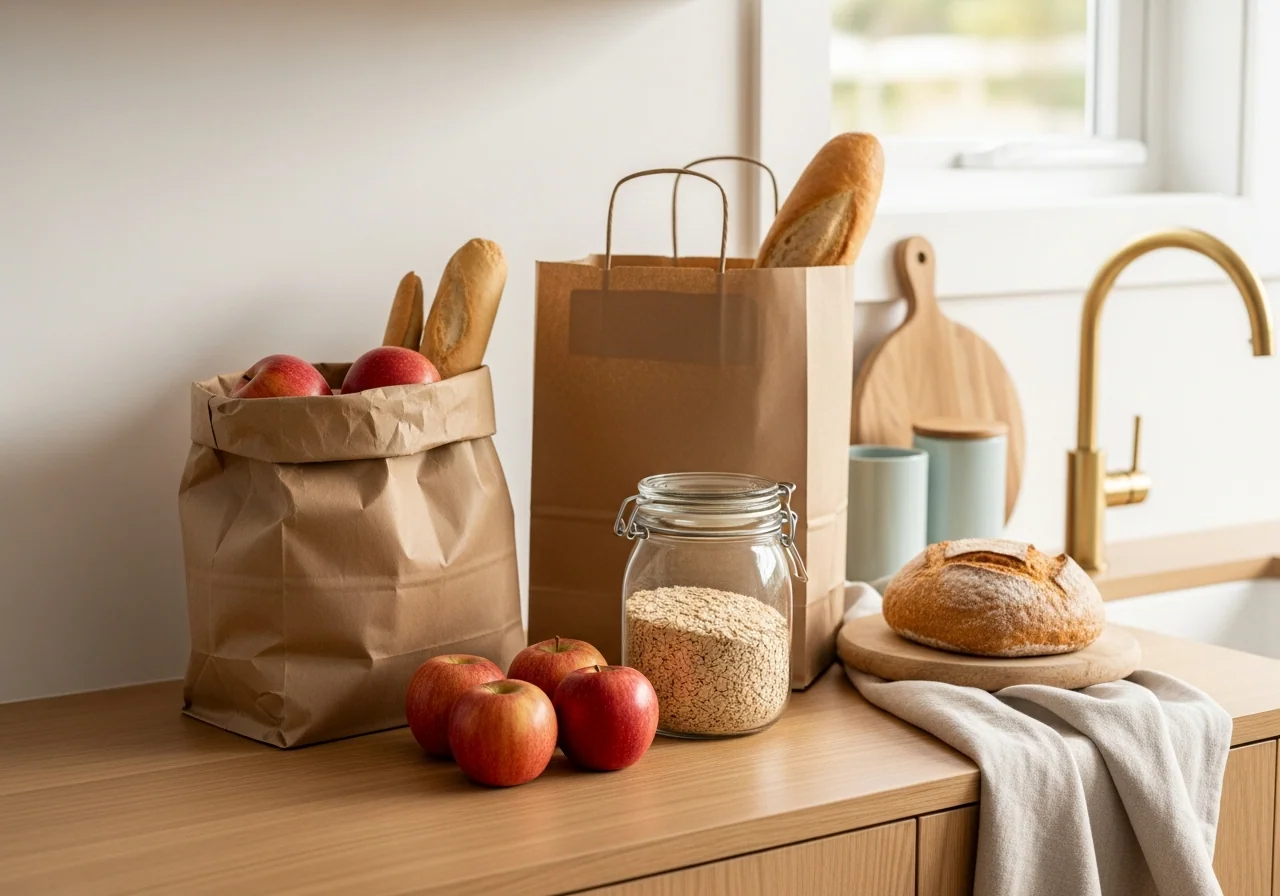An organised grocery bench with brown paper bags, fresh apples, a glass jar of oats and a loaf of bread on a pale oak counter — the practical end of a household budget plan.