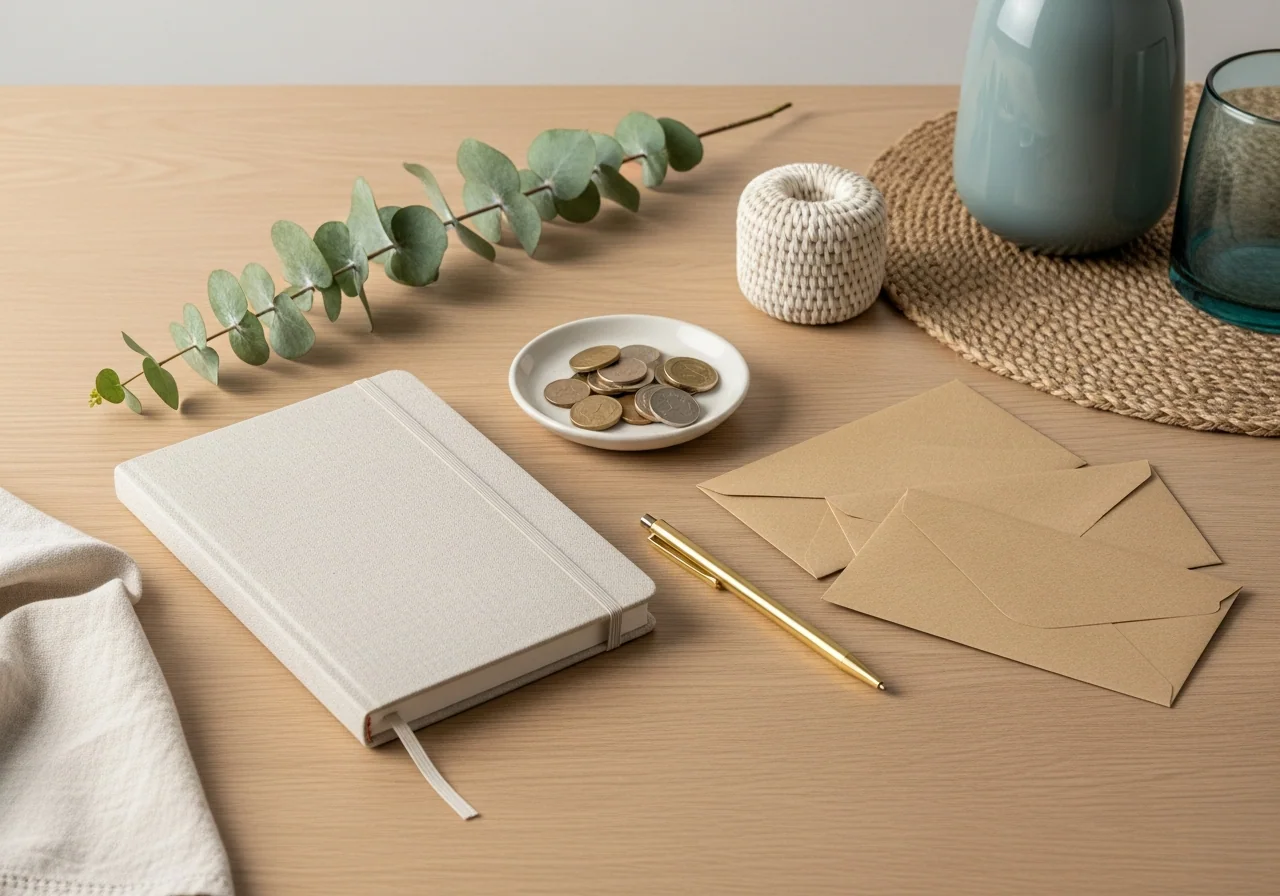 A closed linen-bound planner on a pale oak table beside a small dish of coins, plain kraft envelopes, a brass pen and a sprig of eucalyptus — steady household money planning when budgets are tight.
