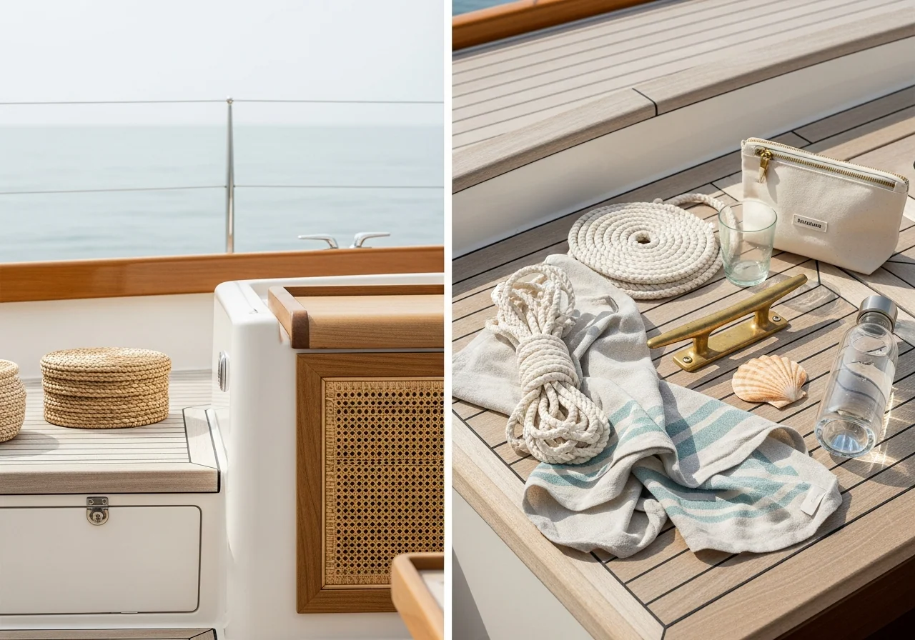 Marine cabin interior: polished teak walls, brass fittings, leather-bound logbook open on a table, brass compass and coiled rope, soft ocean light through a porthole.