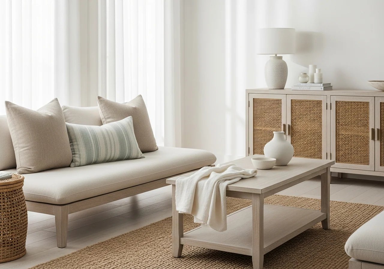 Hamptons coastal home interior: layered cream and oatmeal linens, pale oak shelving, ocean glimpsed through sheer-curtained windows, eucalyptus and sea-glass green accents.