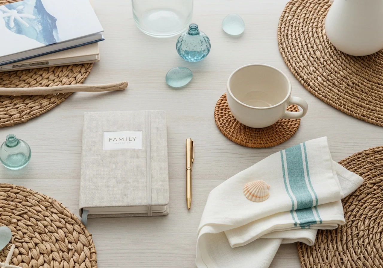 Warm sunlit family kitchen with cream linen cushion, pale oak table set with ceramic bowls and a small jug of wildflowers — a home that holds its people well.