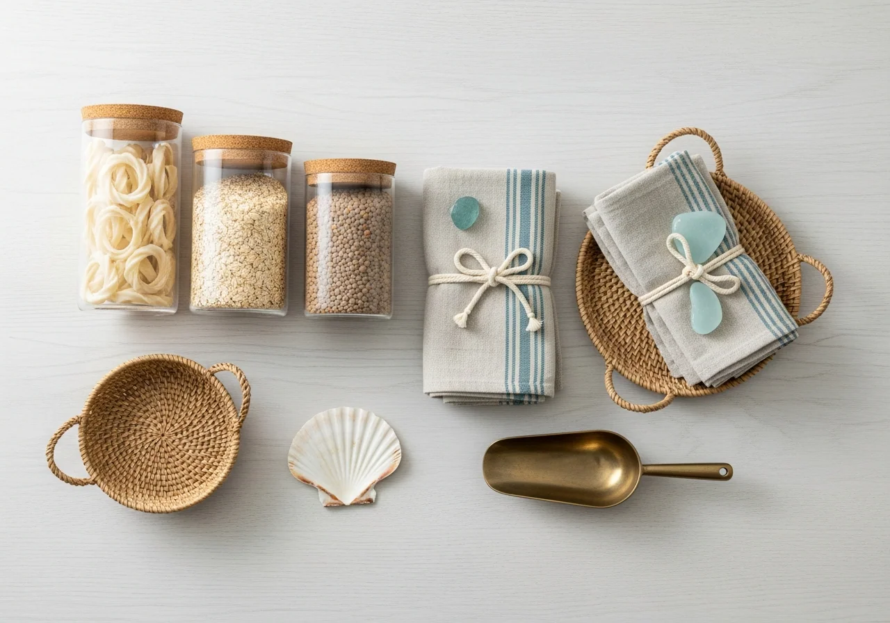 Organised pantry shelves with baskets, jars and calm household storage.