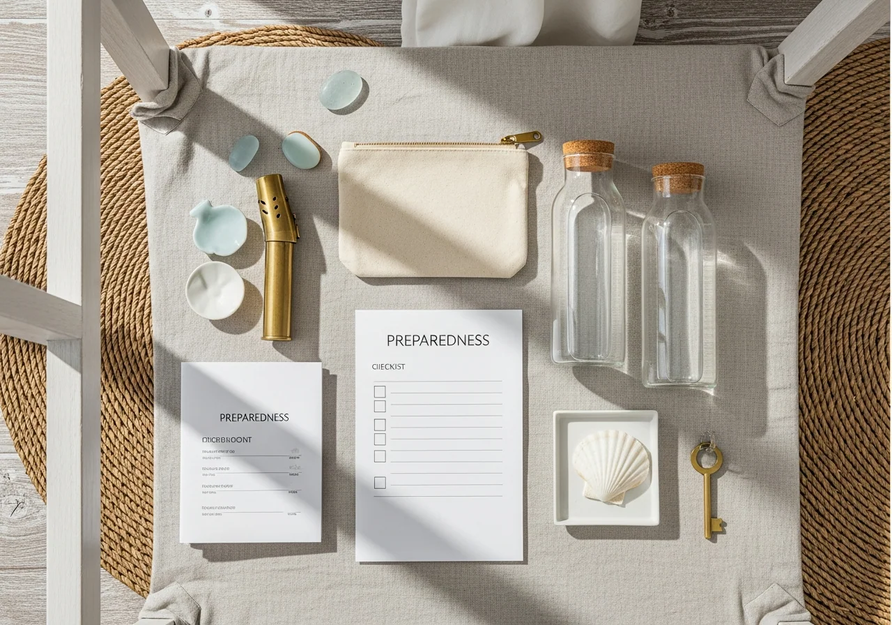 Practical preparedness flat-lay: bound notebook, brass torch, glass jar of dried beans, beeswax candle and a sprig of eucalyptus on warm cream linen.