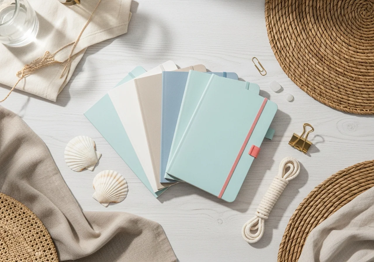 A curated stack of premium printable planners in soft white and sea-glass blue, fanned out on pale oak timber beside a woven seagrass tray, glass jars and eucalyptus.