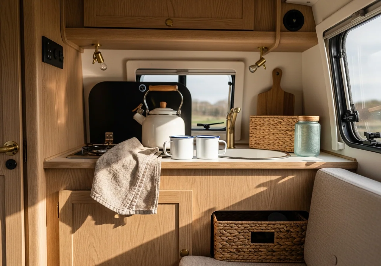 A compact camper-van kitchenette with pale timber cabinetry, a small enamel kettle, two enamel mugs, a folded oatmeal tea towel and a woven basket — a camper set up to live in smoothly day to day.