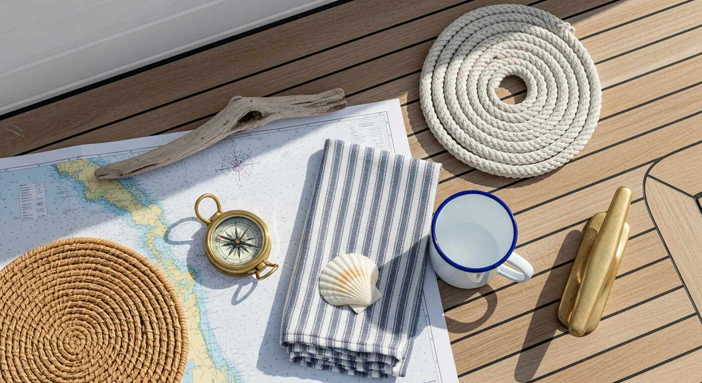 A sunlit marine cabin interior — polished teak, brass fittings, a leather-bound logbook open on a small table, with the open blue ocean glimpsed through a porthole.