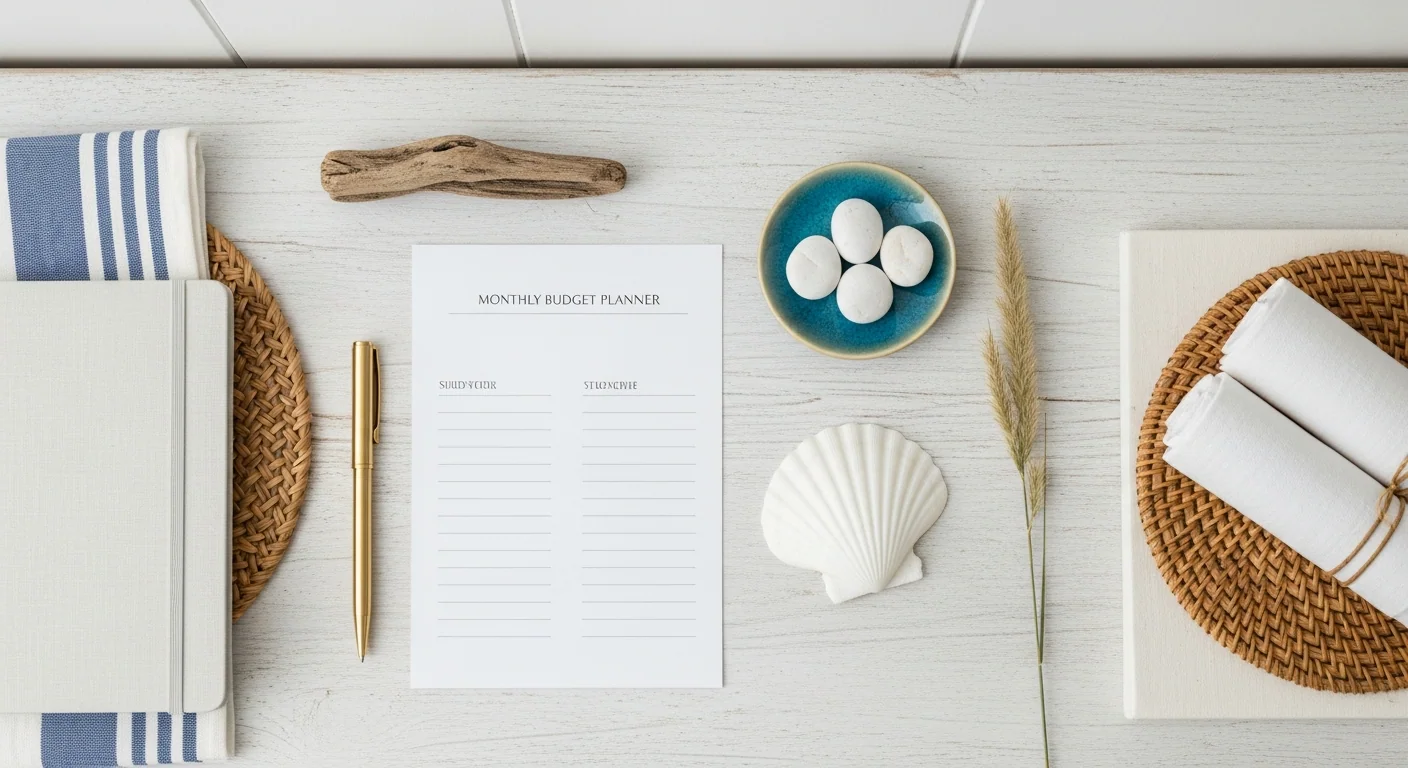 A linen-bound budget notebook open on a pale oak table beside a slim brass pen, a soft ceramic mug and a sprig of eucalyptus — the steady, sit-down rhythm of household money planning.
