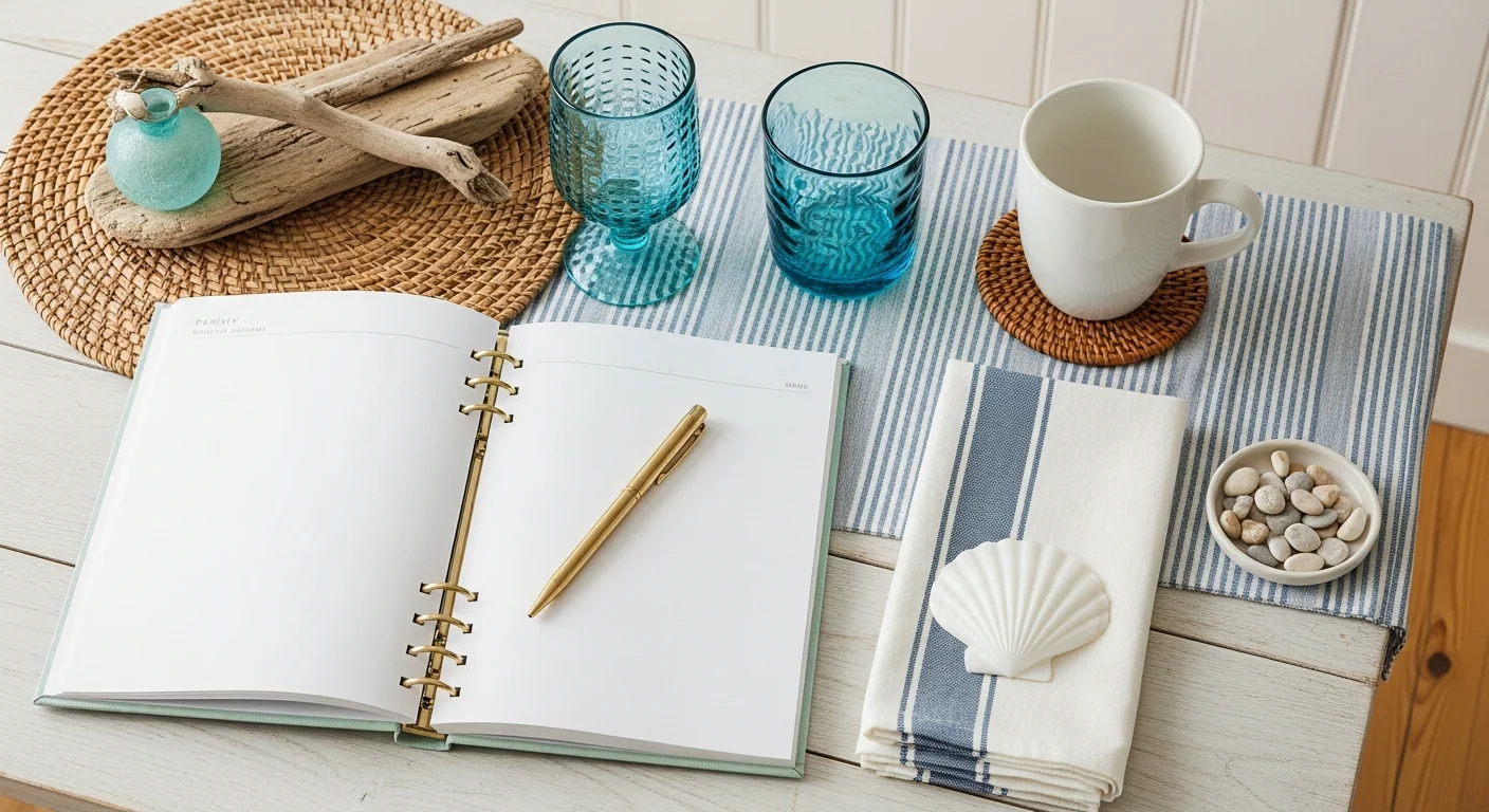 A warm, sunlit family kitchen with a pale oak table, cream ceramic bowls, a small jug of wildflowers and an open journal — a home that holds its people well.