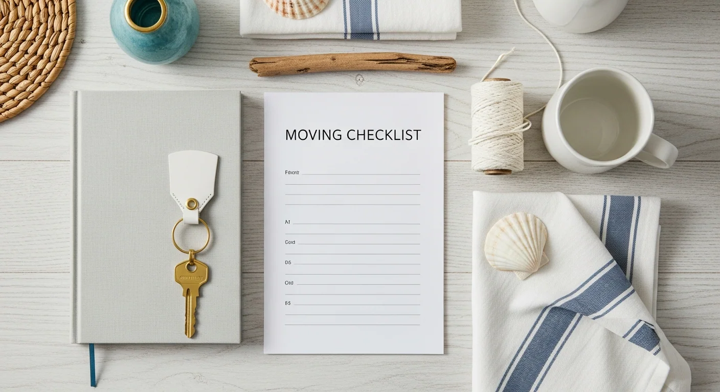 Stacked moving boxes in a sunlit empty room with cream walls, pale oak floors, a set of brass keys and a folded floorplan on top — the organised start of an organised move.