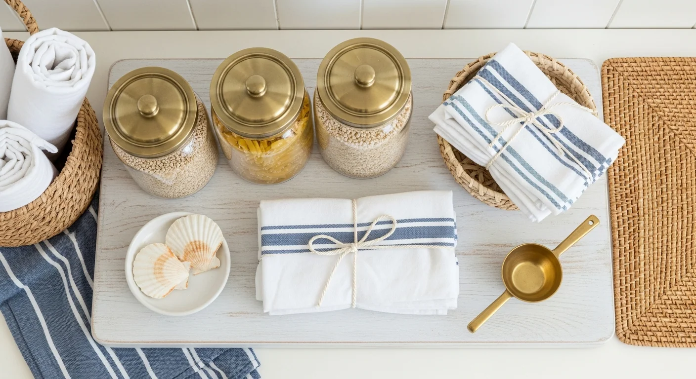 A well-organised pale-timber pantry with neatly labelled glass jars, woven seagrass baskets and folded oatmeal linen — quiet domestic order in three of the hardest-working zones in the home.