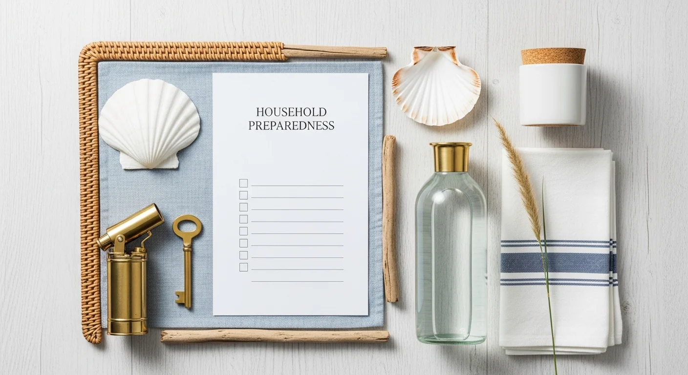 A clear household preparedness flat-lay on pale oak — brushed brass torch, glass water bottles with cork stoppers, a folded notebook and a sprig of eucalyptus. The quiet, capable readiness this category is built around.