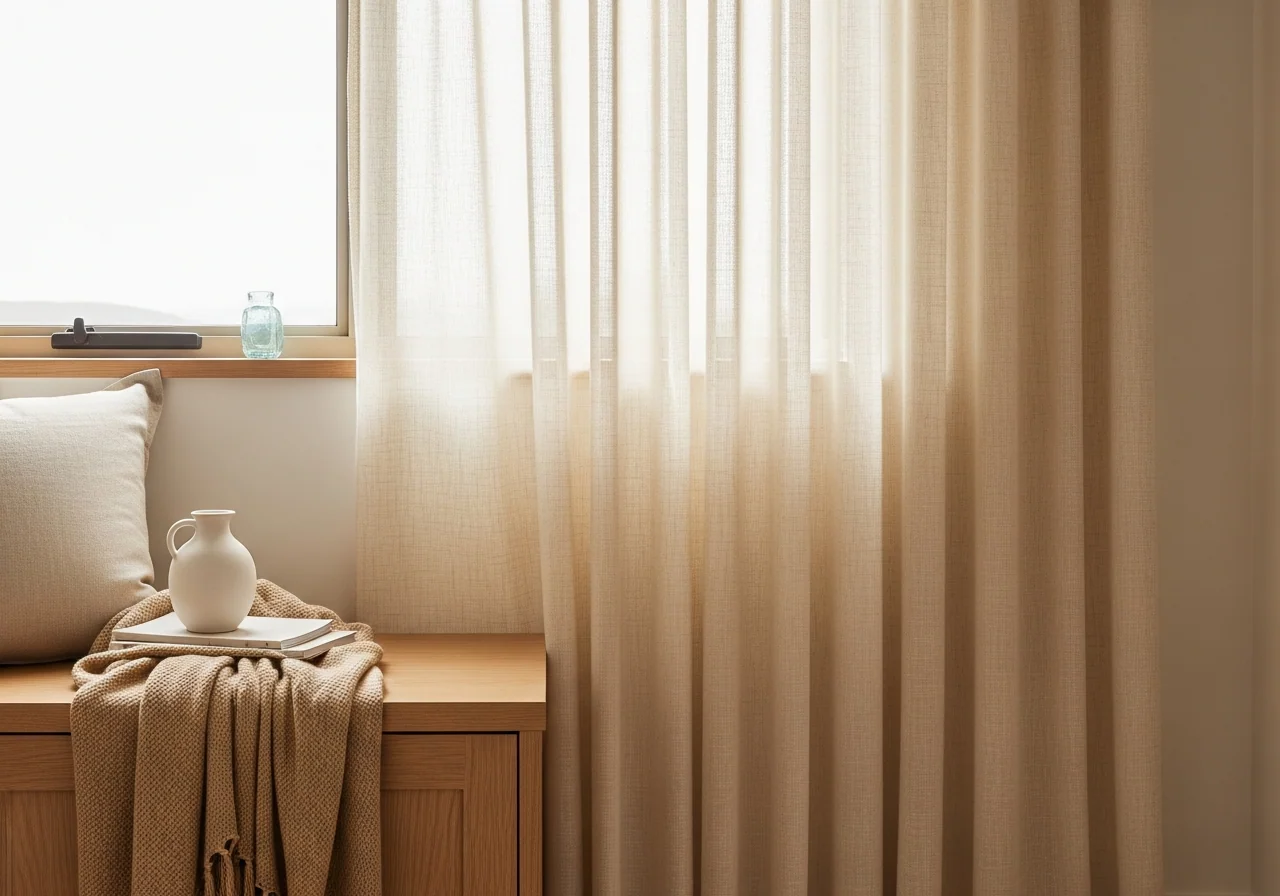 Soft sheer linen curtains filtering morning light over a simply styled timber console with a single ceramic vase and trailing greenery — the calm, low-cost look the styling bundle is built for.