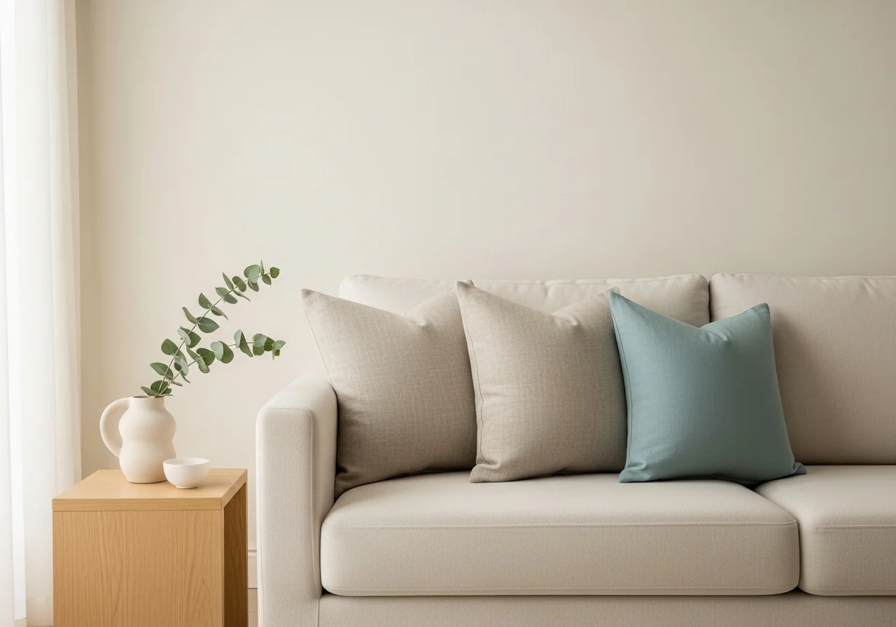 A cream linen sofa styled with exactly three cushions — two textured oatmeal linen cushions and one sea-glass-blue accent — beside a pale oak side table holding a sprig of eucalyptus in a small ceramic jug.