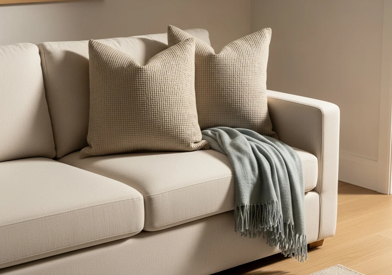 A neutral linen sofa styled with layered cushions in soft sage, sand, and warm white tones beside a pale timber side table — the kind of calm coastal scheme the planning bundle helps you create.