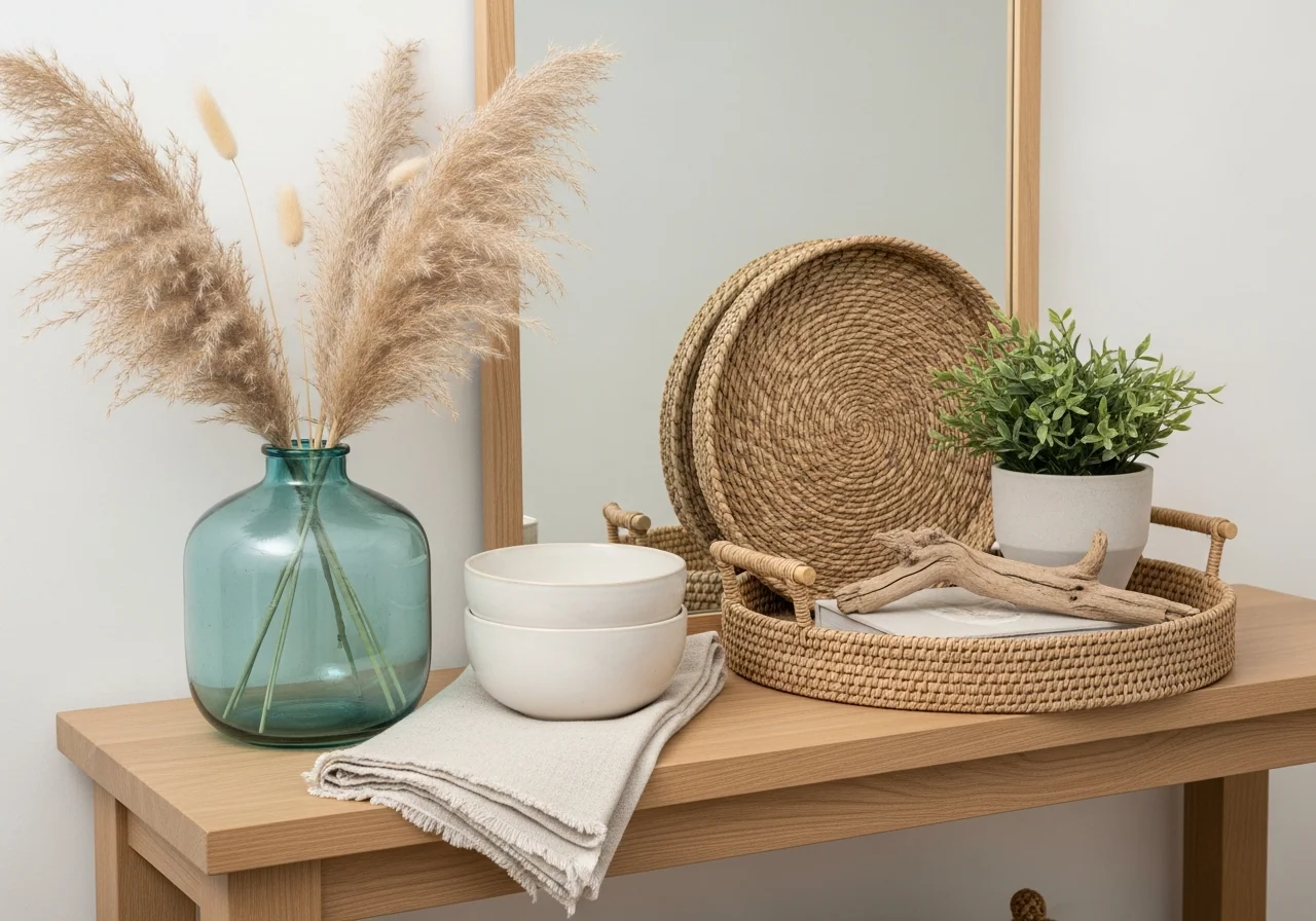 A renter-friendly coastal vignette on a pale oak console — a sea-glass-blue vase of dried pampas, a stack of plain cream ceramic bowls, a woven seagrass tray, a small potted plant and driftwood — soft, removable styling for a home you don't own.