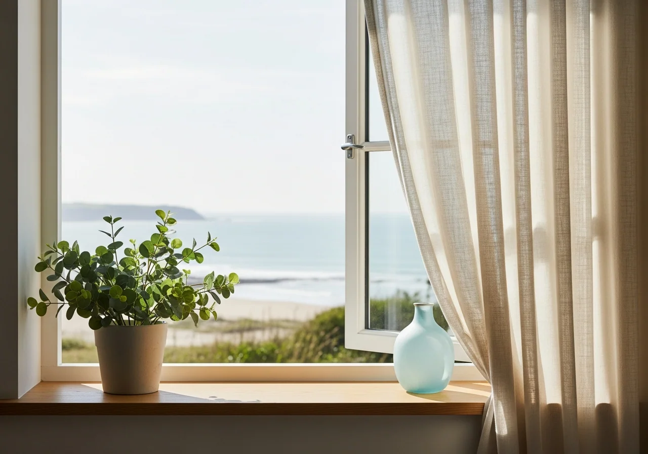 Sheer cream linen curtains diffusing soft coastal daylight over a pale oak windowsill with a small potted eucalyptus and a sea-glass-blue ceramic vase — light softened in a calm room.