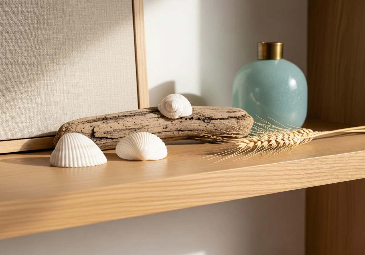A pale oak shelf styled with three small white seashells, weathered driftwood, a sea-glass-blue ceramic vessel and a sprig of dried wheat — considered coastal styling distilled to a few repeatable choices.