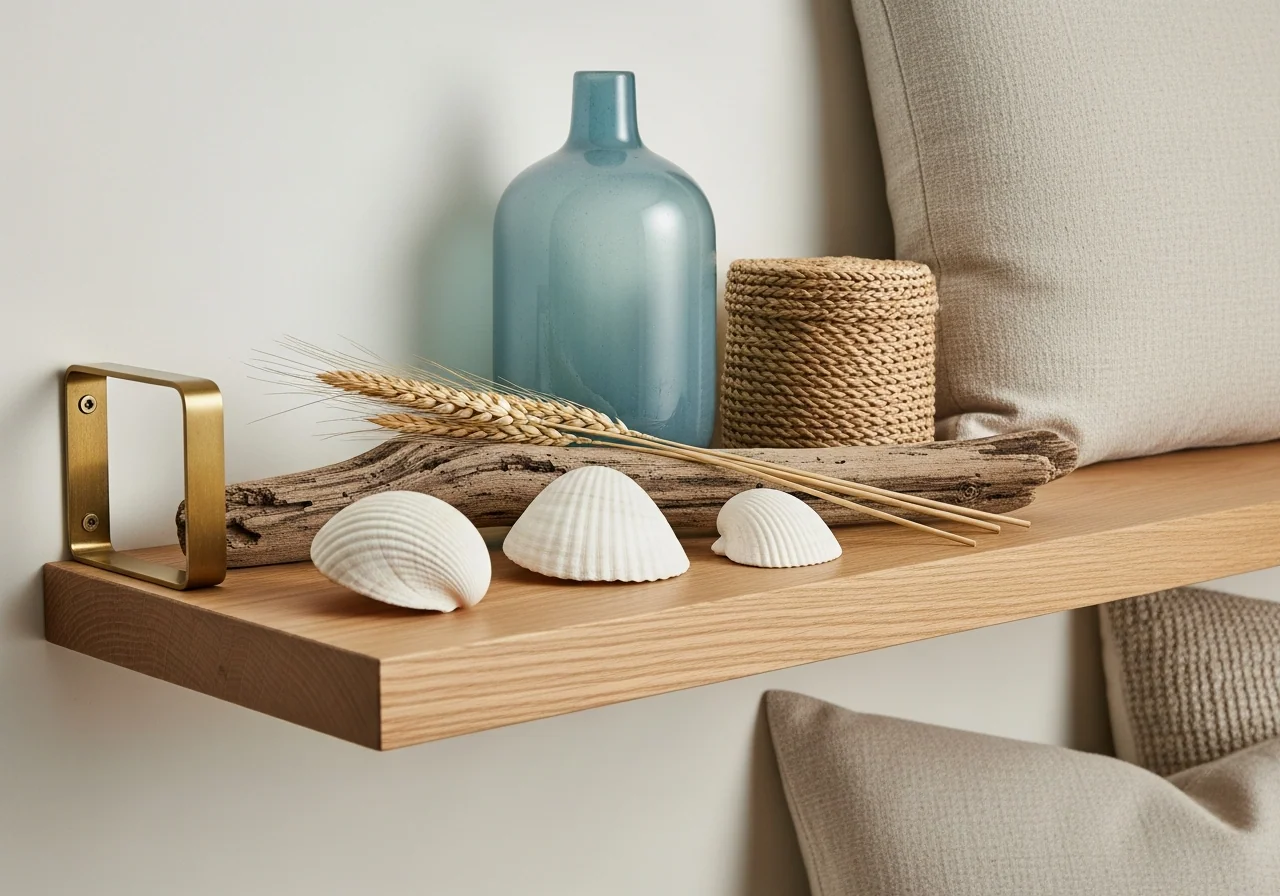 A small-space styled floating shelf — white seashells, a sea-glass-blue ceramic vessel, a sprig of dried wheat, a small woven basket and driftwood on pale oak — coastal styling scaled for apartments and compact homes.
