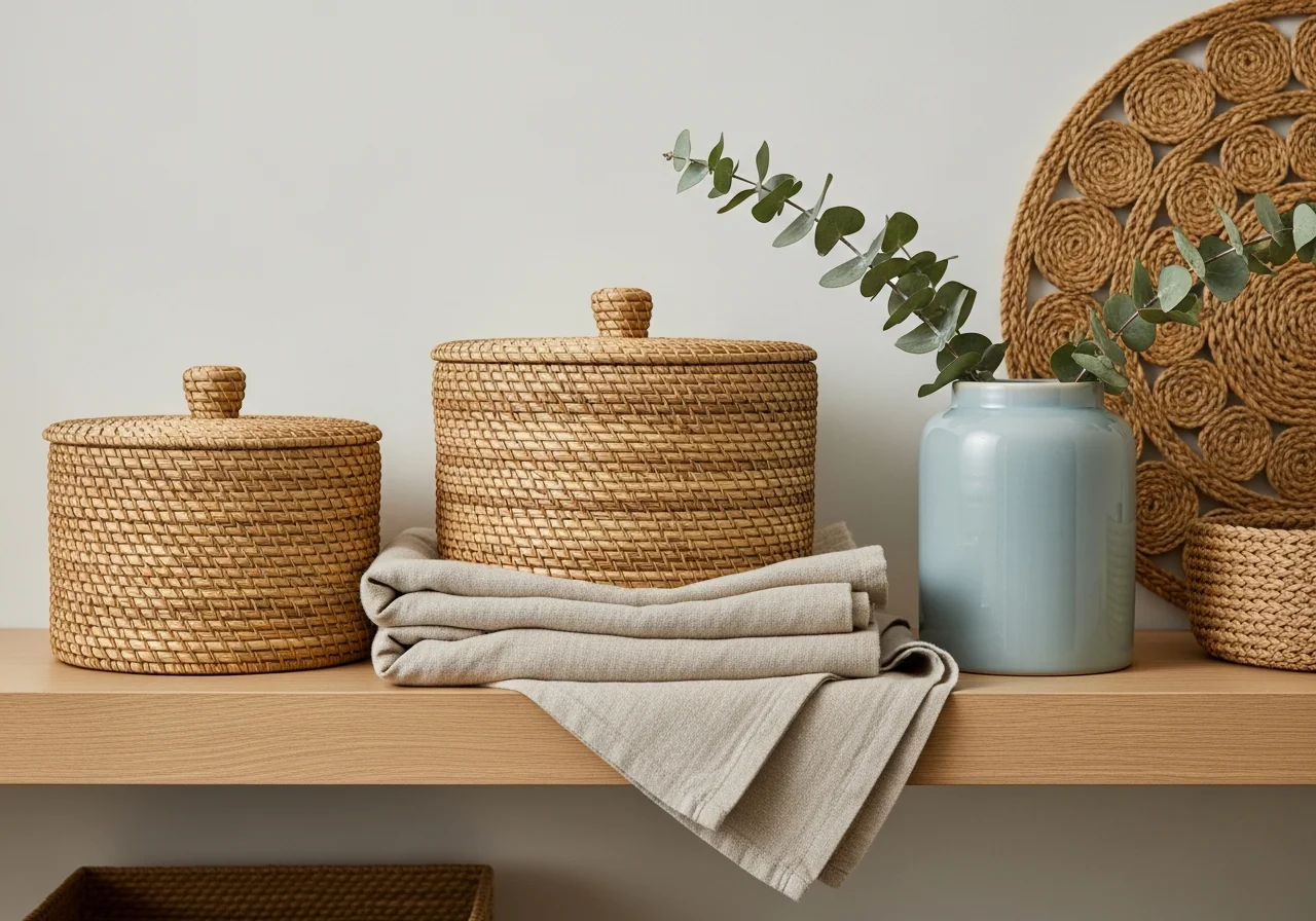 Styled storage on a pale oak shelf — woven seagrass lidded baskets, folded oatmeal linen, a sea-glass-blue ceramic jar and a sprig of eucalyptus — storage that earns its place and still looks considered.