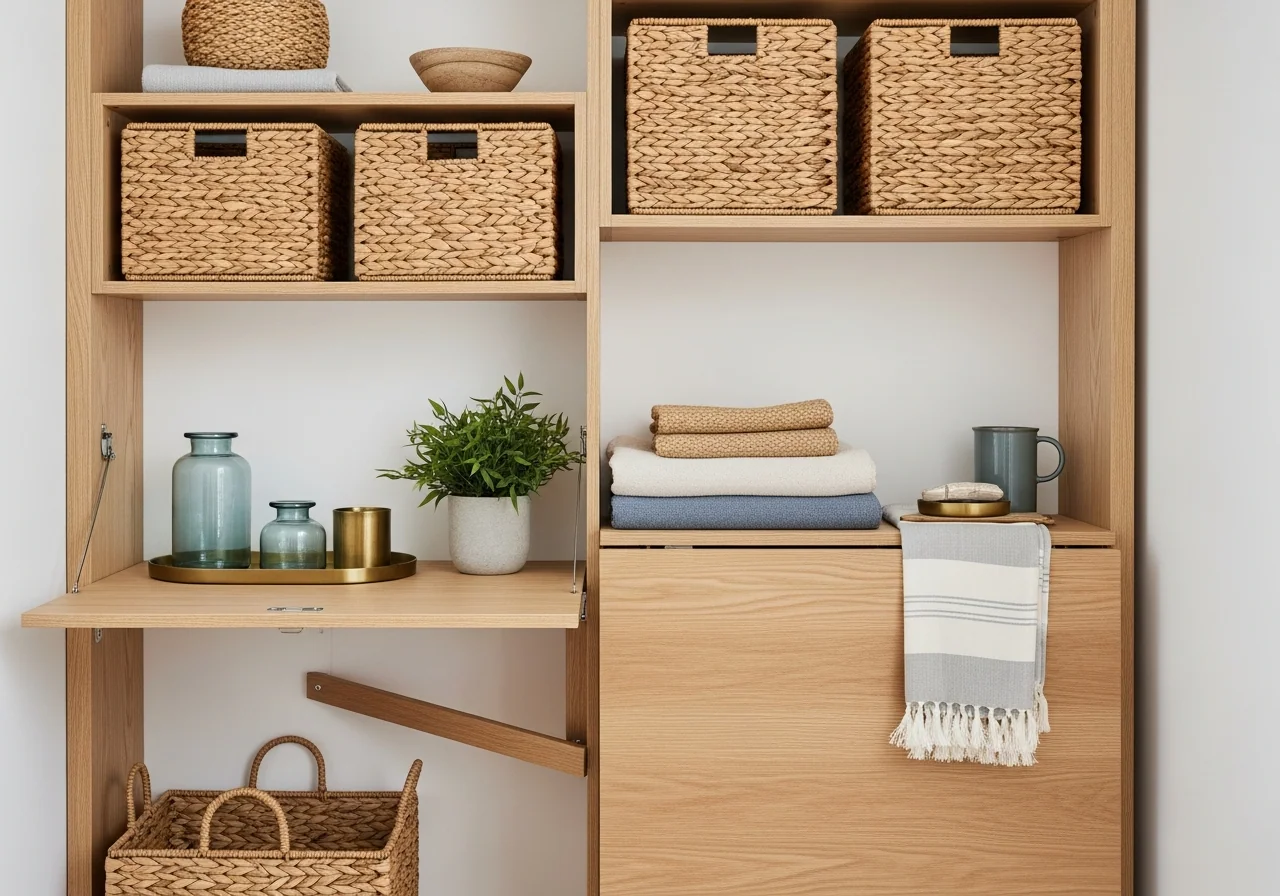 A clever fold-down storage solution in a small space — pale timber wall shelving with woven seagrass baskets, a fold-away timber table, folded linens and a small potted plant — better flow in a compact space.
