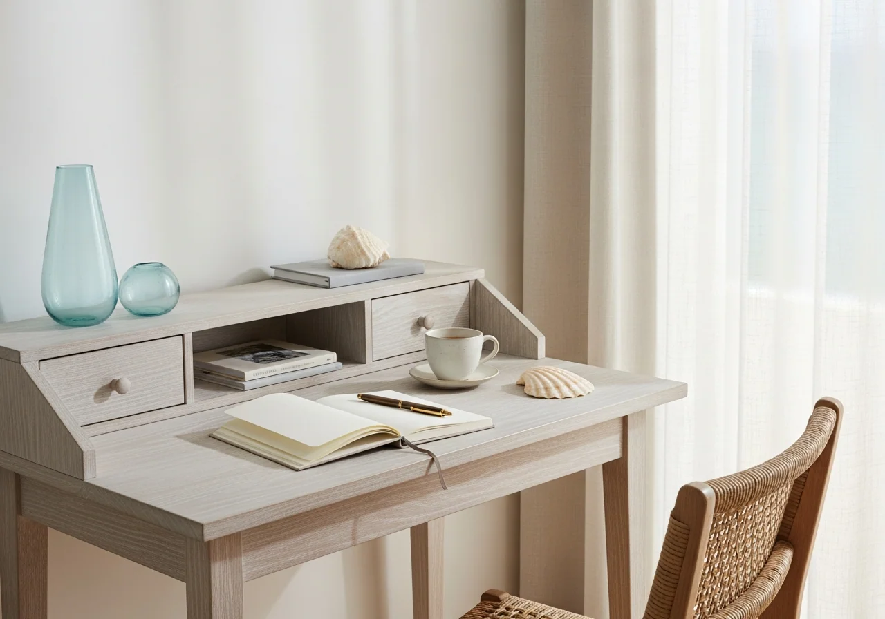 A settled Hamptons coastal writing nook: pale oak desk by a window with sheer linen curtains and a sliver of ocean view, an open notebook, a brass pen, a sage ceramic cup of tea and a small posy of olive sprigs in a stoneware jug.