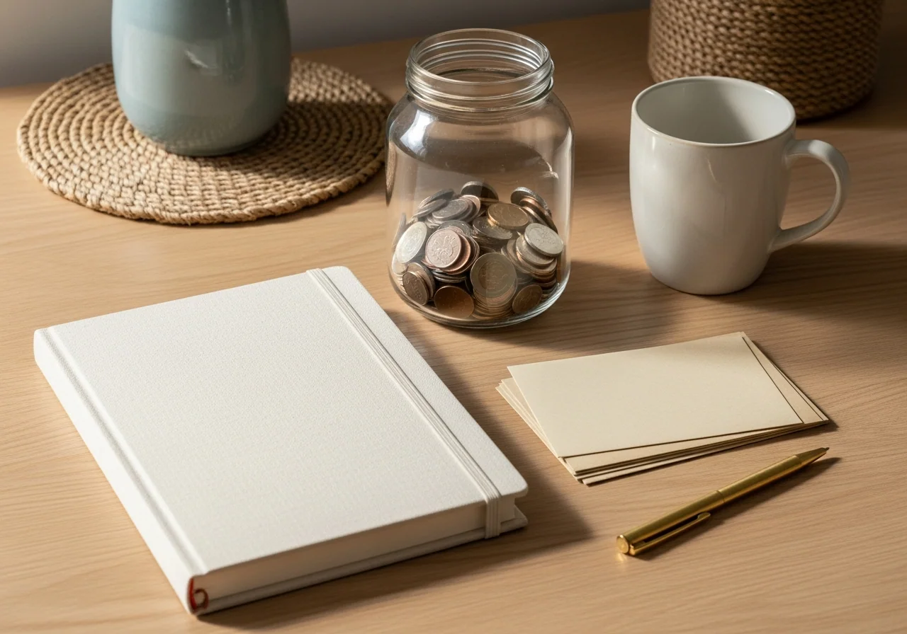 A closed cream linen workbook on a pale oak desk beside a glass jar of coins, plain kraft envelopes, a brass pen and a ceramic mug — sorting essential costs from non-essential spending.