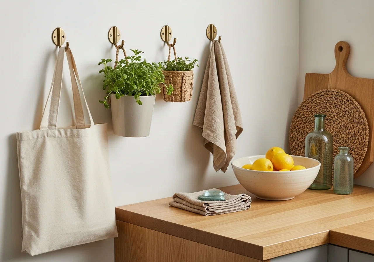 A calm, well-ordered family kitchen corner — brushed-brass hooks holding a plain canvas tote and potted herbs above a pale oak bench with a folded linen tea towel and a ceramic bowl of lemons — a household running calmly, without a cluttered command centre.