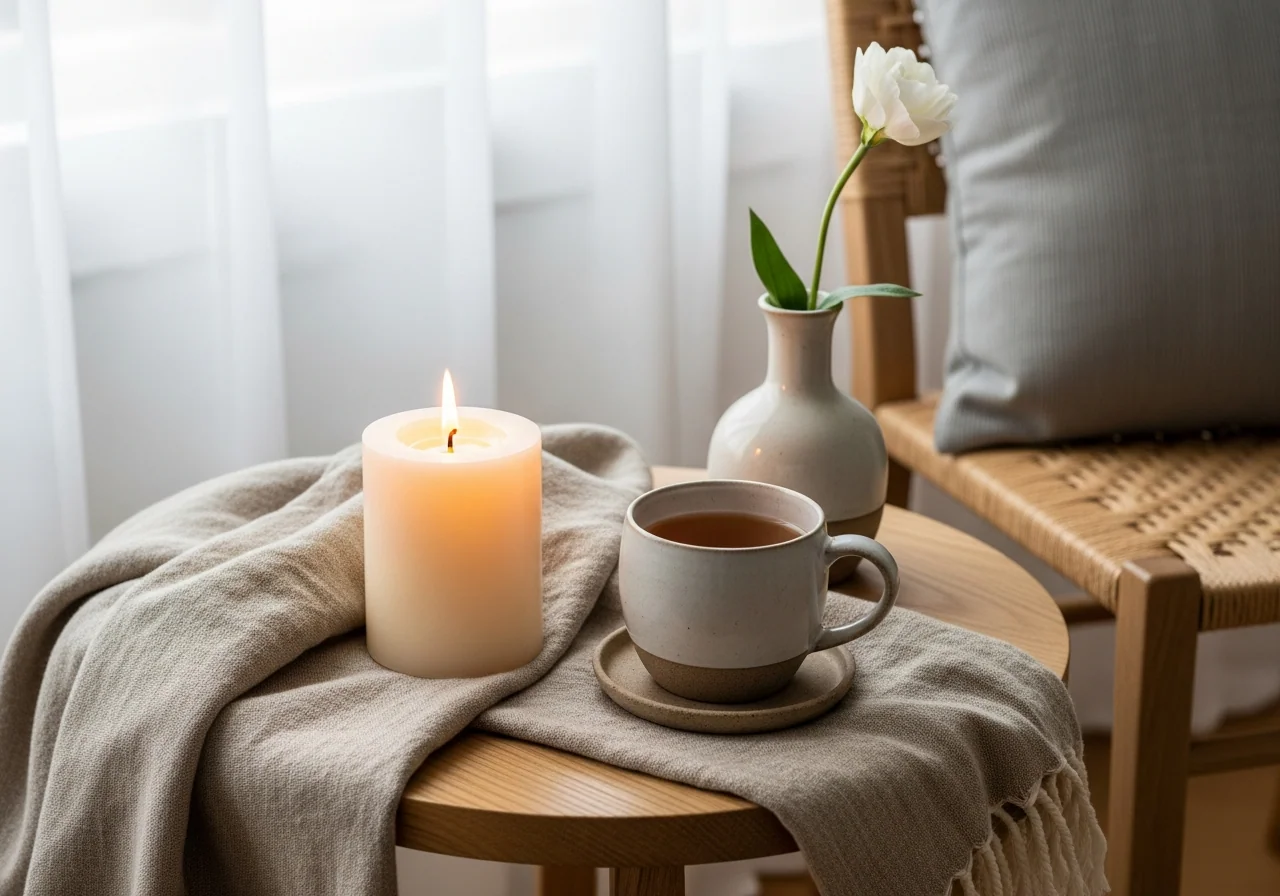 A gentle still life on a pale oak side table — a softly lit cream candle, a ceramic cup of tea, a folded oatmeal throw and a single white flower stem — a calm, unhurried reset for hard seasons.