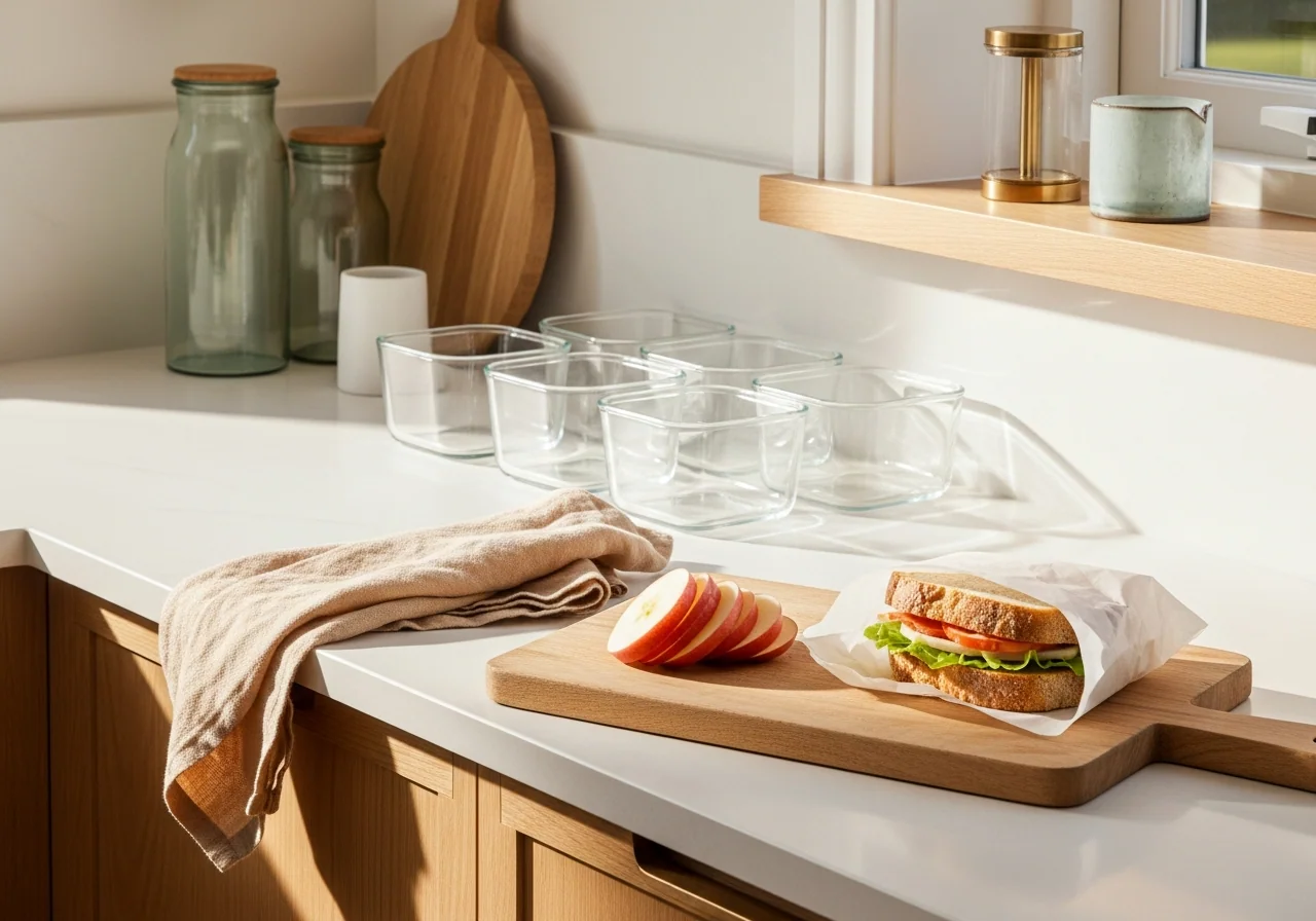 A clear kitchen prep counter with small glass containers, a wooden cutting board, sliced apple and a sandwich on parchment — practical hosting prep, ready before guests arrive.