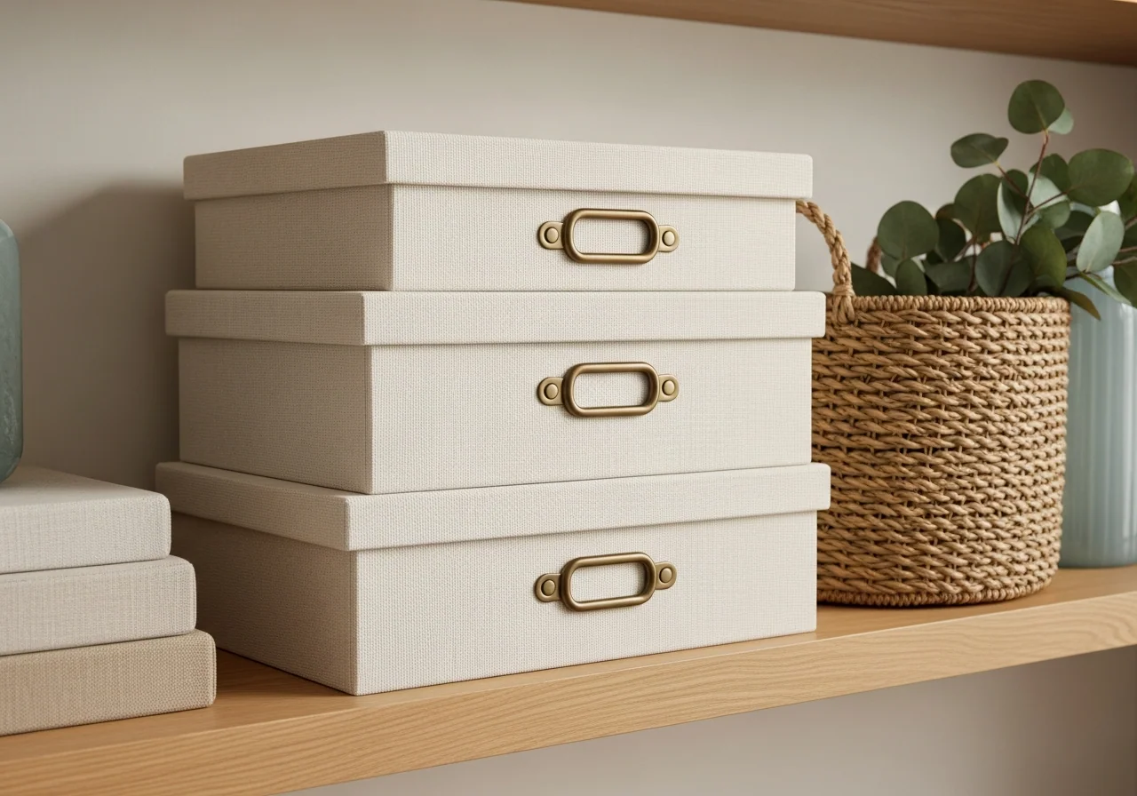 Stacked cream fabric-covered organiser boxes with brushed-brass handles on a pale oak shelf beside a woven seagrass basket and a sprig of eucalyptus — household paperwork sorted for the situations that catch families off guard.