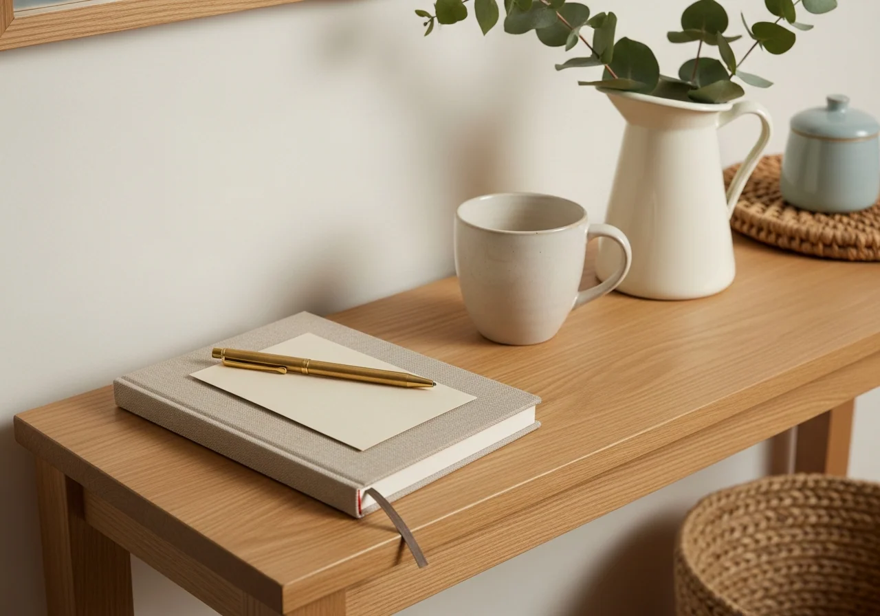 A calm planning corner on a pale oak console — a closed linen-bound journal with a brushed-brass pen, a cream ceramic mug and a small jug of eucalyptus — the steady family planner a busy household actually keeps up.