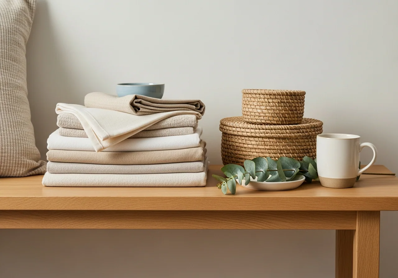 A neat stack of folded cream and oatmeal linens beside woven lidded baskets, a ceramic mug and a sprig of eucalyptus on a pale oak bench — the small, steady routines that keep a household resilient.