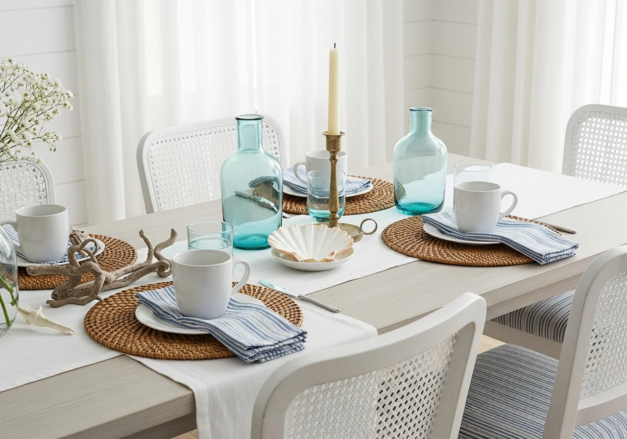 A quiet family table set with a soft white linen runner, two ceramic mugs, a small white candle and a vase of olive sprigs.