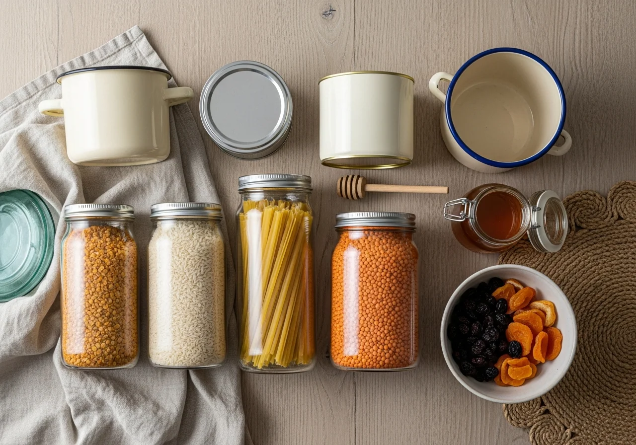 A pale oak flat-lay of long-life meal supplies — plain glass jars of rice, pasta and lentils, unlabelled tins, a cream enamel pot, a jar of honey and dried fruit in a ceramic bowl — simple emergency meals and sensible staples.