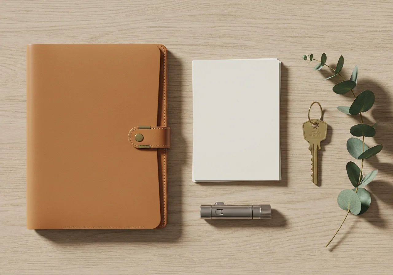 A tan leather A4 document folio with a brushed-brass clasp on pale oak, beside a neat stack of plain papers, a brass house key, a compact torch and a sprig of eucalyptus — the grab-and-go folder ready to carry in a hurry.