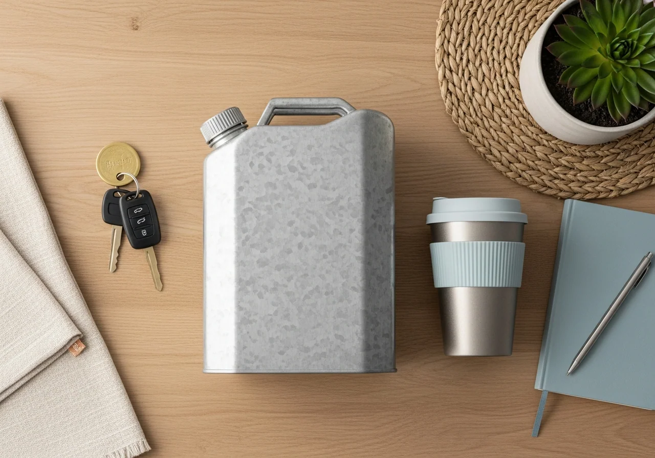 A calm car-ready flat-lay on pale oak — brushed brass car keys, a plain galvanised fuel can, a reusable travel cup, a closed notebook and a small potted succulent — mapping travel priorities and weekly fuel use under pressure.