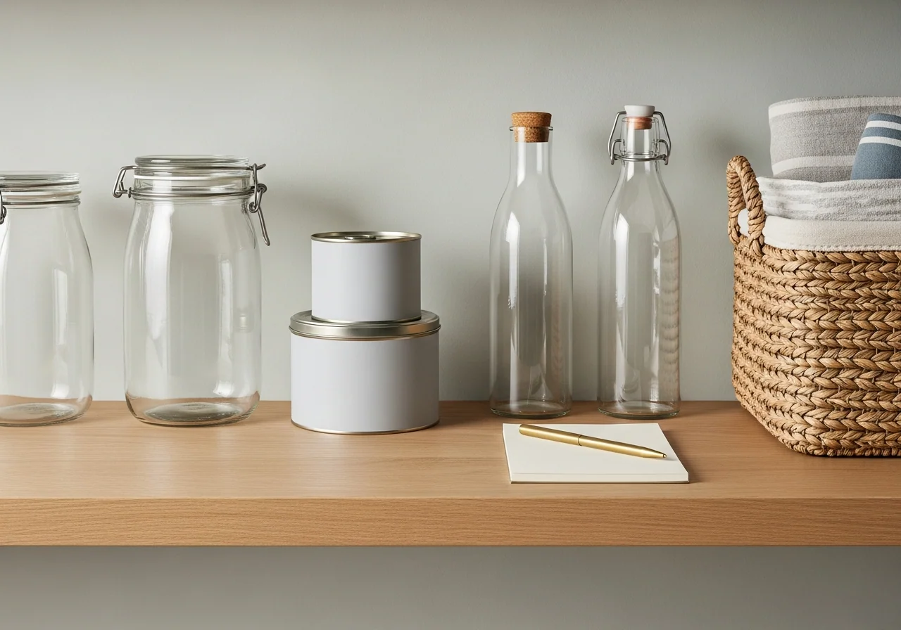 A pale oak stockpile shelf with plain glass jars and unlabelled tins of long-life food, glass water bottles with cork stoppers, a woven seagrass basket and a blank notepad with a brass pen — household essentials tracked and topped up without overbuying.