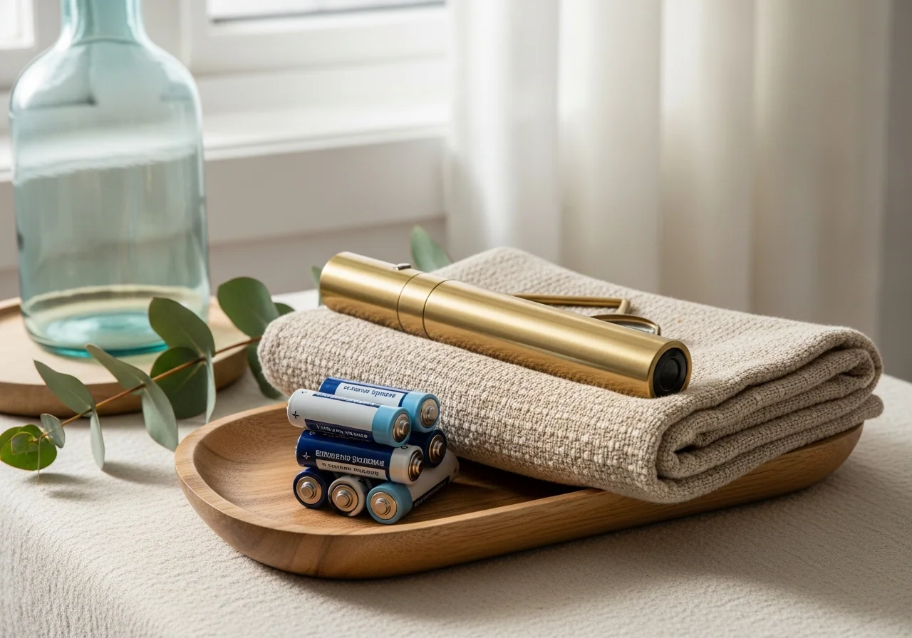 A brushed brass torch and stack of fresh batteries on a folded oatmeal linen towel — practical preparedness, ready when needed.
