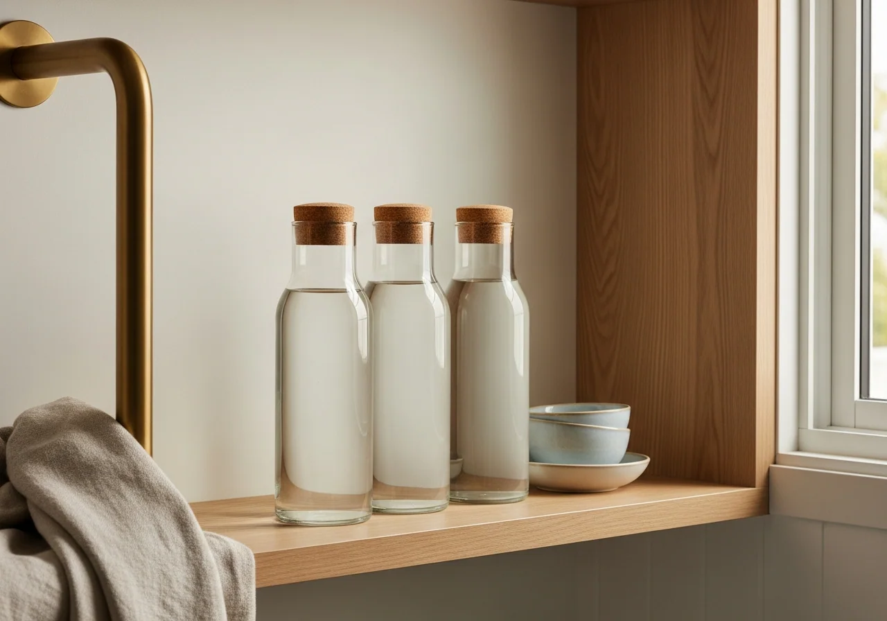 Three glass water bottles with cork stoppers stored neatly on a pale-oak pantry shelf beside a small ceramic dish.