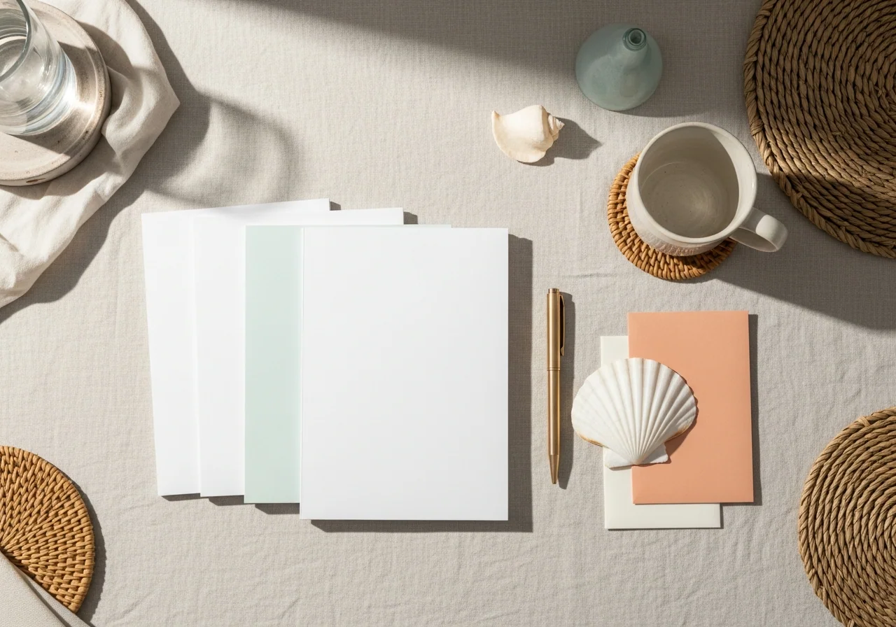 A curated coastal flat-lay on pale oak — folded oatmeal linen, woven seagrass tray, a sea-glass-blue ceramic vessel and brushed brass details.