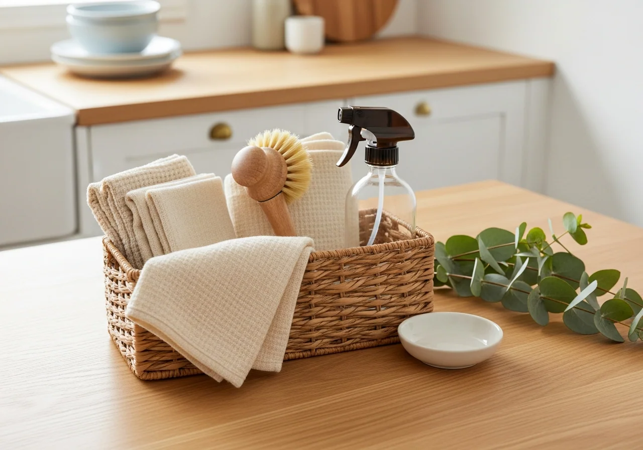 A woven seagrass cleaning caddy on a pale oak bench holding folded cream cloths, a natural-bristle brush and a plain unlabelled glass spray bottle beside a small ceramic dish and a sprig of eucalyptus — the simple weekly and monthly cleaning kit kept ready.