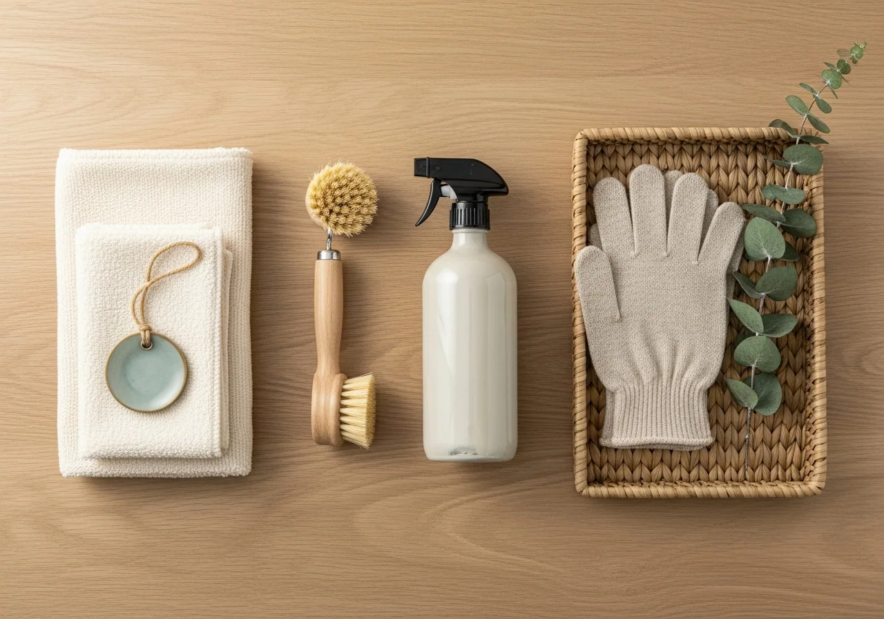 An overhead flat-lay on pale oak of practical cleaning basics — folded cream cloths, a natural-bristle brush, a plain unlabelled spray bottle and oatmeal gloves in a woven tray with a sprig of eucalyptus — a simple, repeatable cleaning routine.