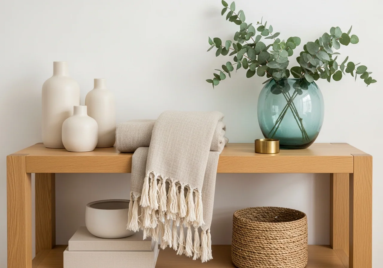 A freshly styled pale oak console — cream ceramic vases, a folded oatmeal linen throw, a sea-glass-blue vase of eucalyptus and a woven seagrass basket — a calm, refreshed home corner.