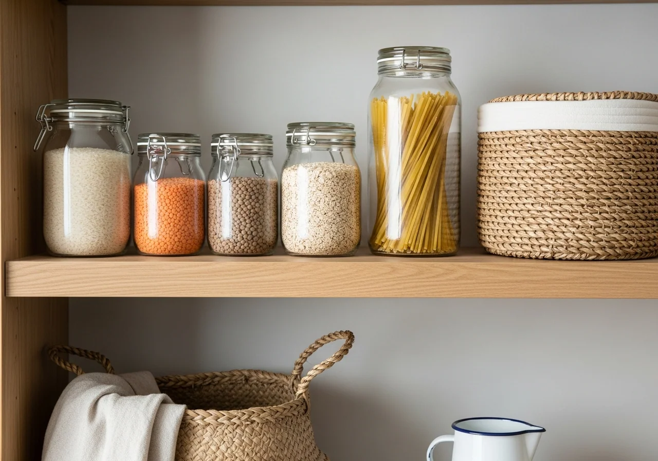 A pale oak shelf of low-cost staples in plain glass jars — rice, lentils, pasta and oats — beside a woven seagrass basket and a small enamel jug — the budget-friendly pantry that keeps shop trips small.