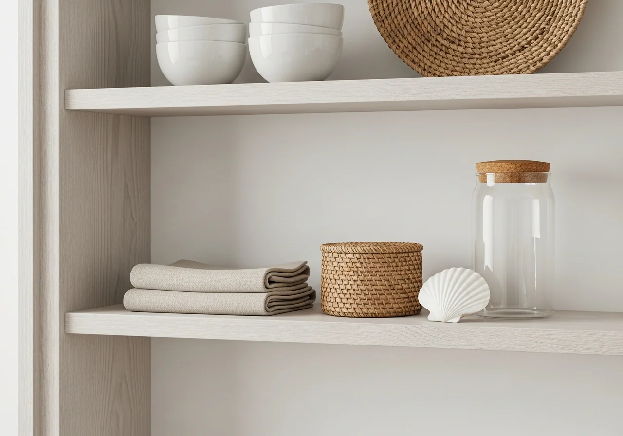 An organised pantry shelf with glass jars, woven baskets and folded linen on pale oak — the kind of clear system a Drift & Dwell bundle helps you build.