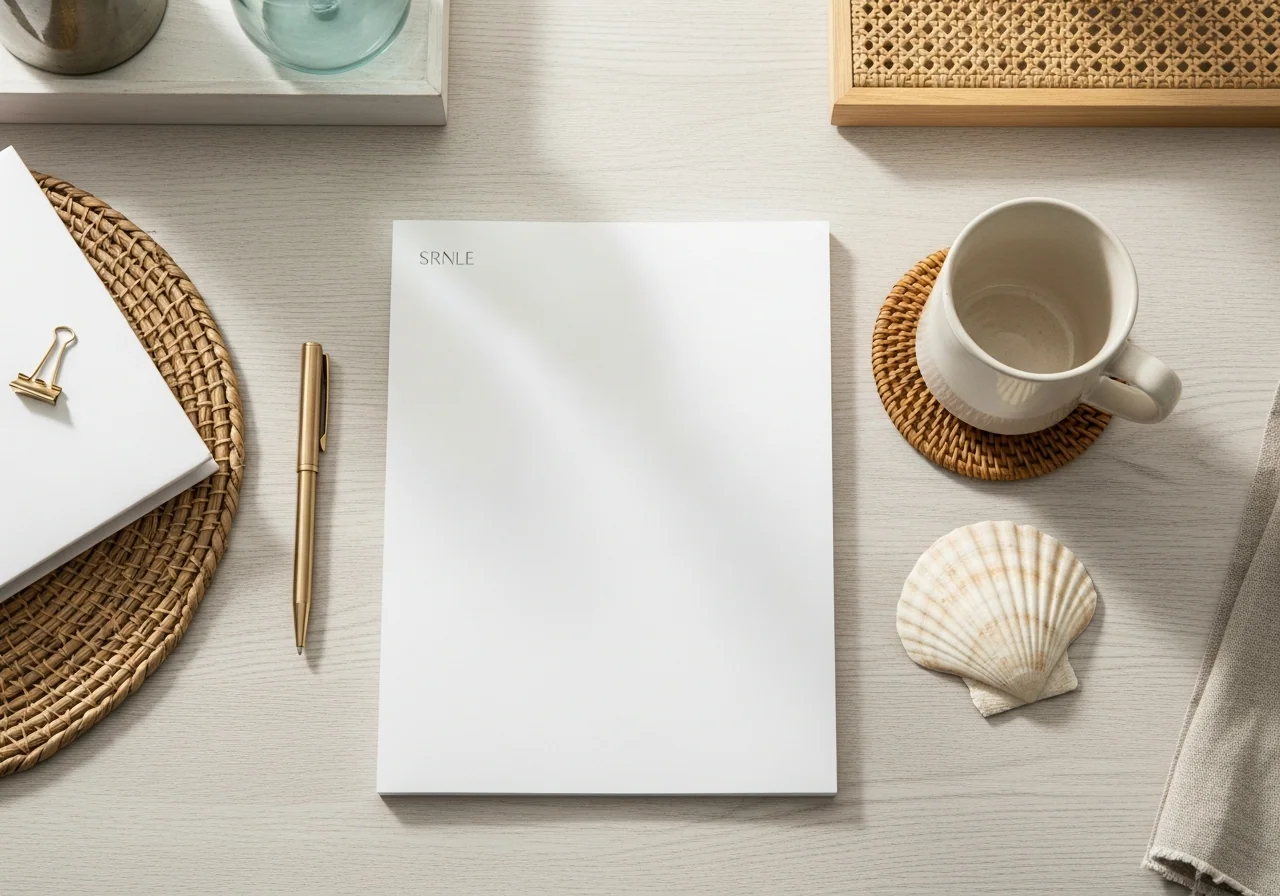 An open printed planner spread on pale oak with a sea-glass blue mug on a rattan coaster, a folded linen napkin and a sprig of eucalyptus.