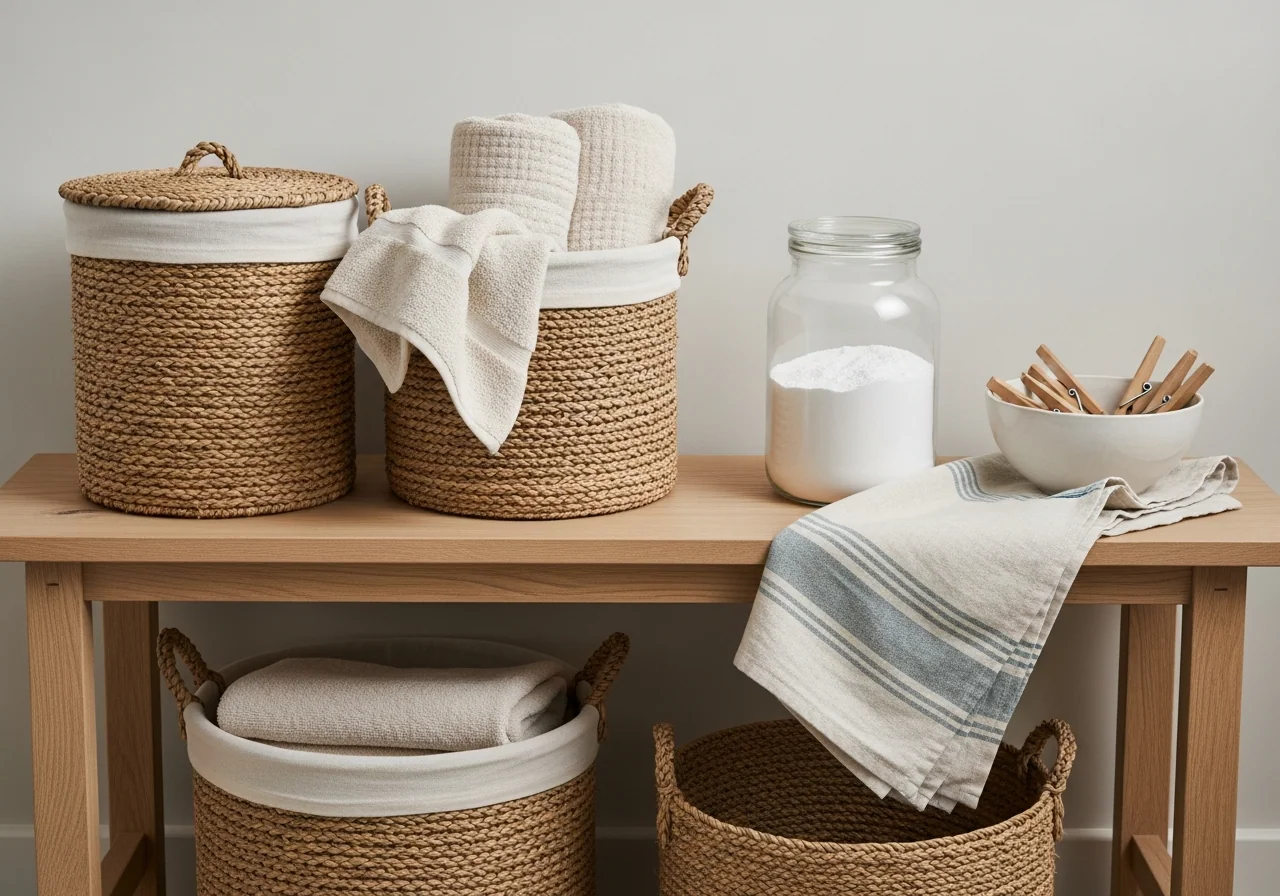 A tidy laundry nook with a pale timber bench, two woven seagrass baskets, folded cream towels, a plain glass jar of laundry powder and wooden pegs in a ceramic bowl — a smoother everyday laundry routine.